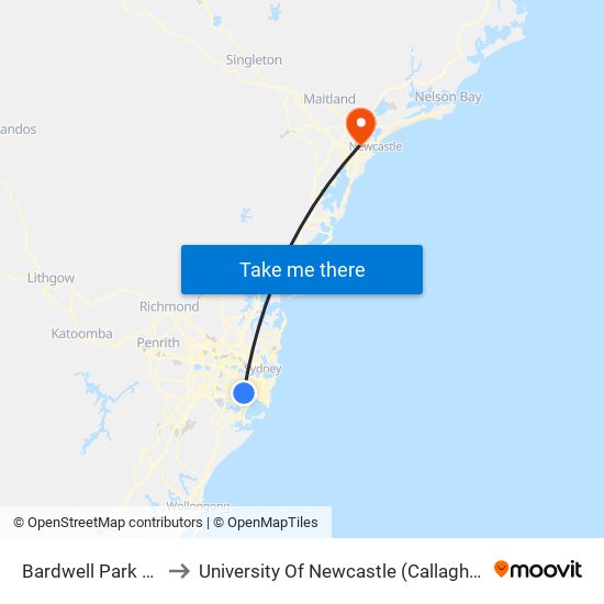 Bardwell Park Station to University Of Newcastle (Callaghan Campus) map