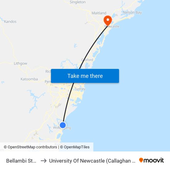 Bellambi Station to University Of Newcastle (Callaghan Campus) map