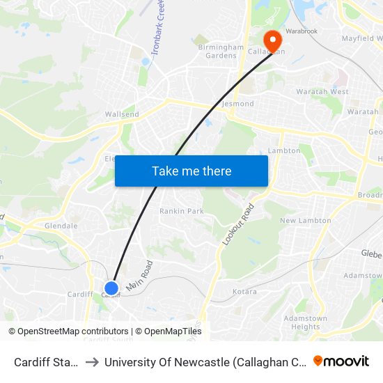 Cardiff Station to University Of Newcastle (Callaghan Campus) map
