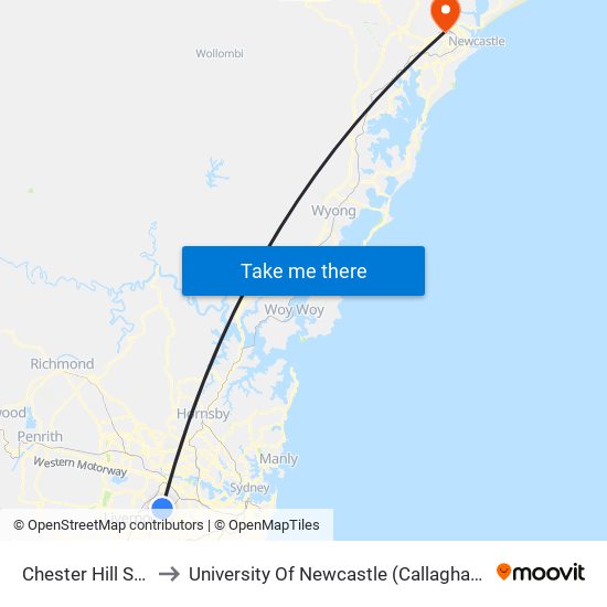 Chester Hill Station to University Of Newcastle (Callaghan Campus) map