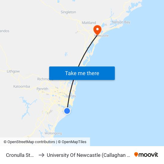 Cronulla Station to University Of Newcastle (Callaghan Campus) map