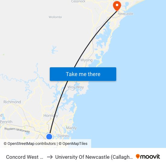 Concord West Station to University Of Newcastle (Callaghan Campus) map