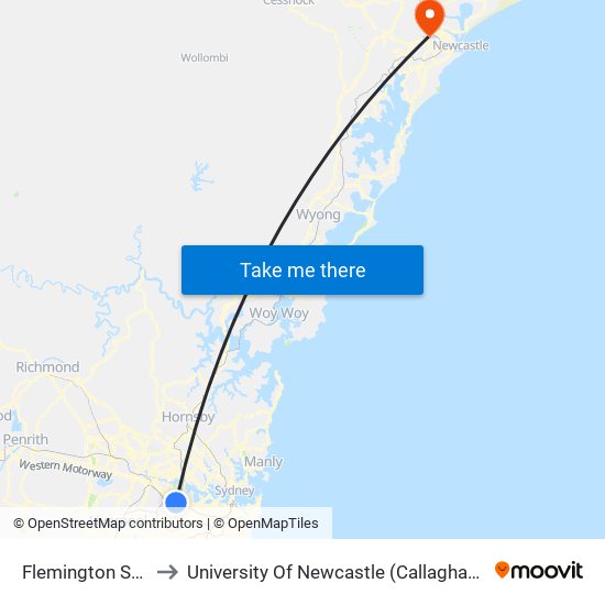 Flemington Station to University Of Newcastle (Callaghan Campus) map