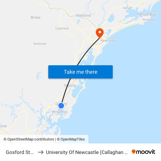 Gosford Station to University Of Newcastle (Callaghan Campus) map