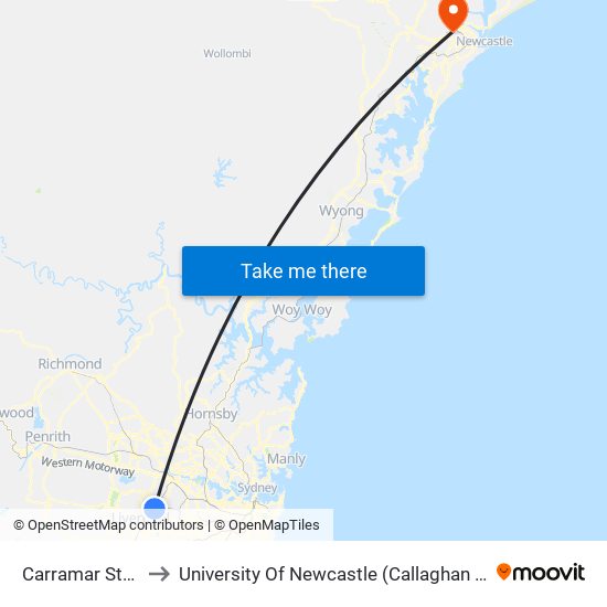 Carramar Station to University Of Newcastle (Callaghan Campus) map