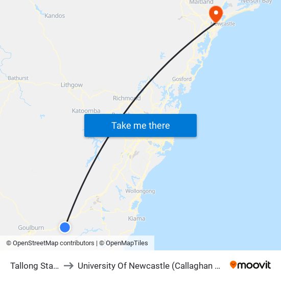 Tallong Station to University Of Newcastle (Callaghan Campus) map