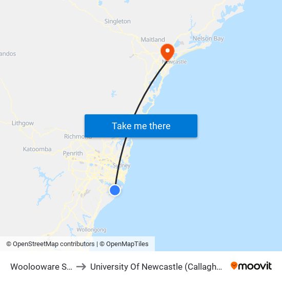 Woolooware Station to University Of Newcastle (Callaghan Campus) map