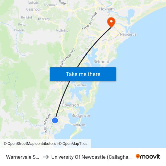 Warnervale Station to University Of Newcastle (Callaghan Campus) map