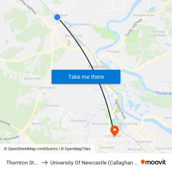 Thornton Station to University Of Newcastle (Callaghan Campus) map