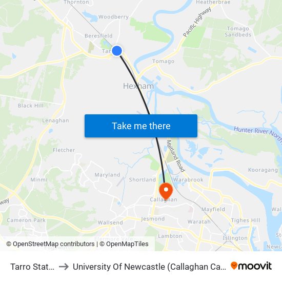 Tarro Station to University Of Newcastle (Callaghan Campus) map