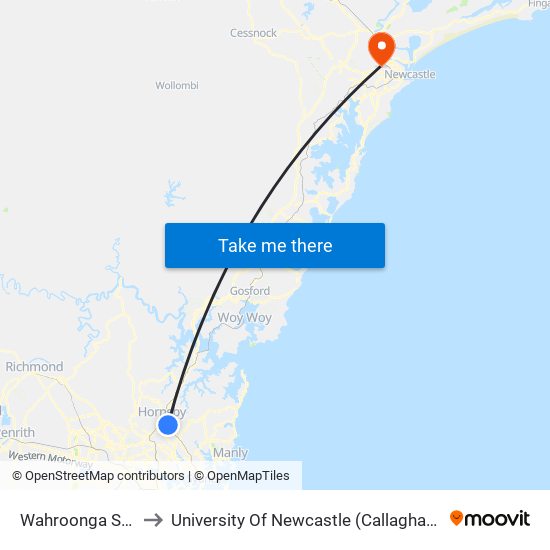 Wahroonga Station to University Of Newcastle (Callaghan Campus) map