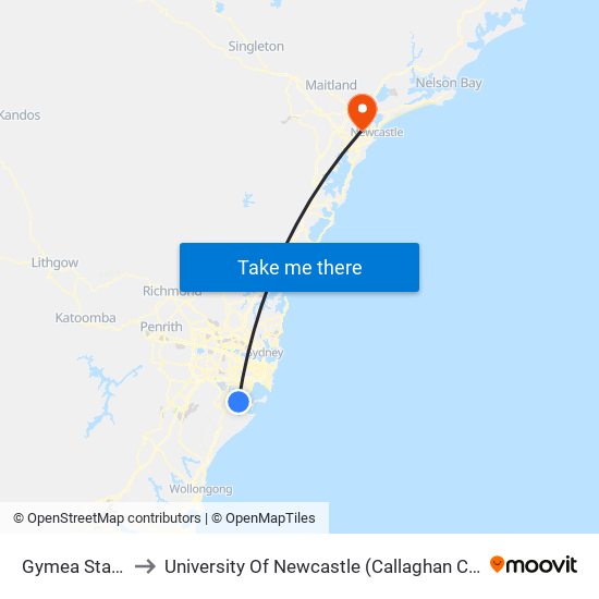 Gymea Station to University Of Newcastle (Callaghan Campus) map