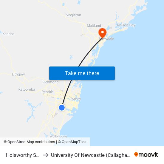 Holsworthy Station to University Of Newcastle (Callaghan Campus) map