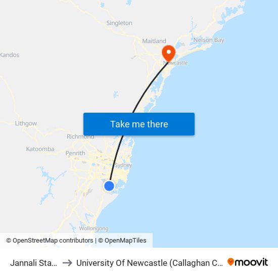 Jannali Station to University Of Newcastle (Callaghan Campus) map