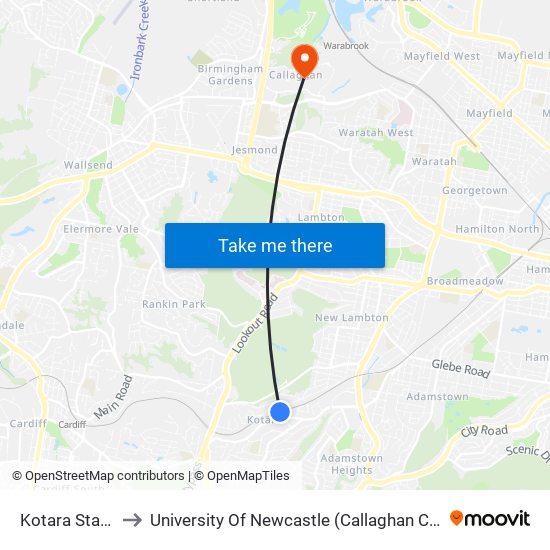 Kotara Station to University Of Newcastle (Callaghan Campus) map