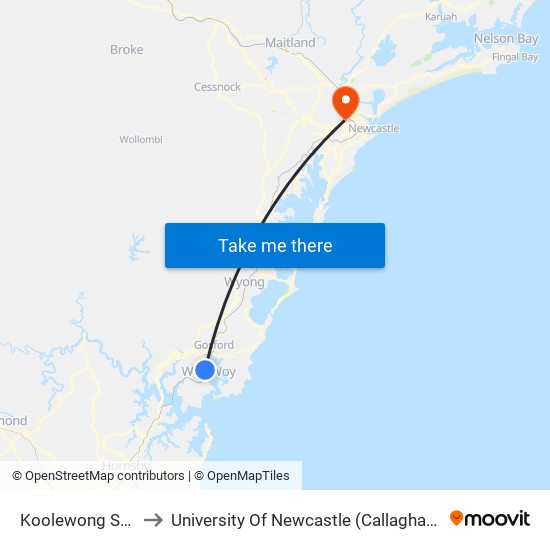 Koolewong Station to University Of Newcastle (Callaghan Campus) map
