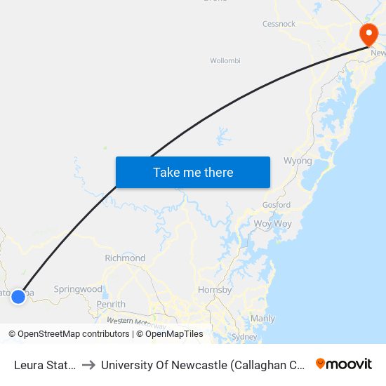 Leura Station to University Of Newcastle (Callaghan Campus) map