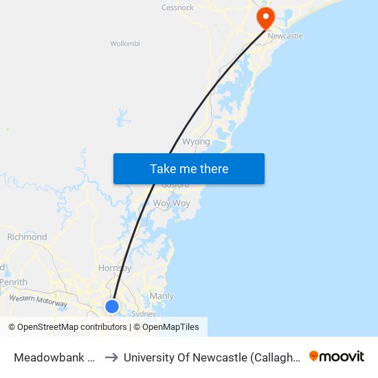 Meadowbank Station to University Of Newcastle (Callaghan Campus) map