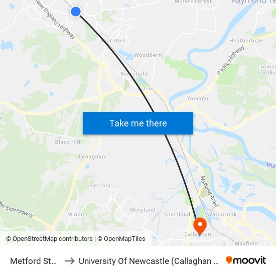 Metford Station to University Of Newcastle (Callaghan Campus) map