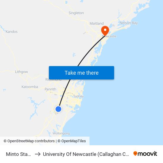 Minto Station to University Of Newcastle (Callaghan Campus) map