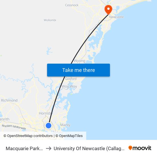 Macquarie Park Station to University Of Newcastle (Callaghan Campus) map
