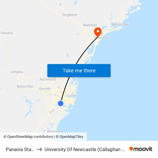 Panania Station to University Of Newcastle (Callaghan Campus) map