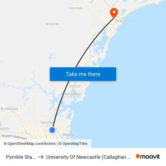 Pymble Station to University Of Newcastle (Callaghan Campus) map