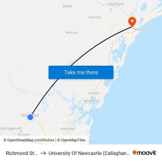 Richmond Station to University Of Newcastle (Callaghan Campus) map