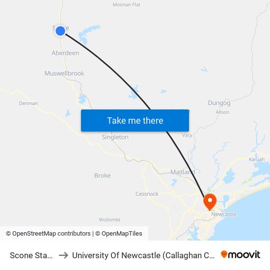 Scone Station to University Of Newcastle (Callaghan Campus) map