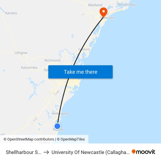 Shellharbour Junction Station to University Of Newcastle (Callaghan Campus) map