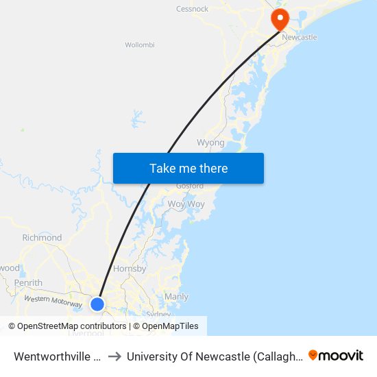 Wentworthville Station to University Of Newcastle (Callaghan Campus) map