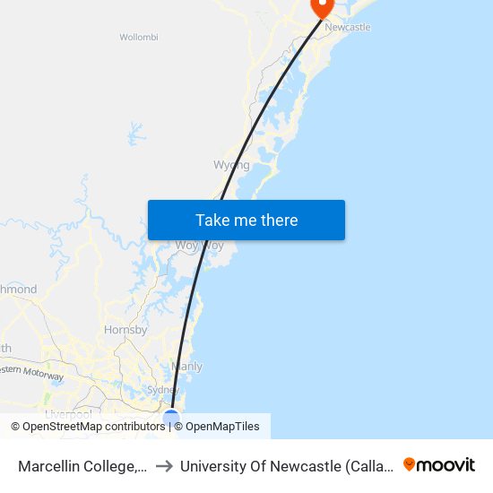 Marcellin College, Avoca St to University Of Newcastle (Callaghan Campus) map