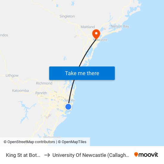 King St at Botany Rd to University Of Newcastle (Callaghan Campus) map