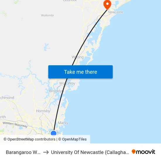 Barangaroo Wharf 1 to University Of Newcastle (Callaghan Campus) map