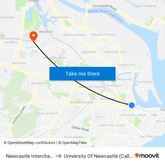 Newcastle Interchange Station to University Of Newcastle (Callaghan Campus) map