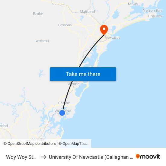 Woy Woy Station to University Of Newcastle (Callaghan Campus) map