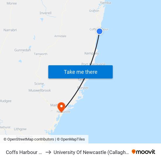 Coffs Harbour Station to University Of Newcastle (Callaghan Campus) map