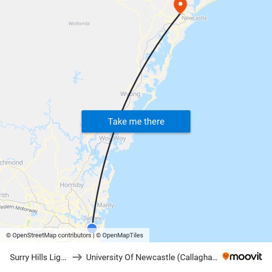 Surry Hills Light Rail to University Of Newcastle (Callaghan Campus) map