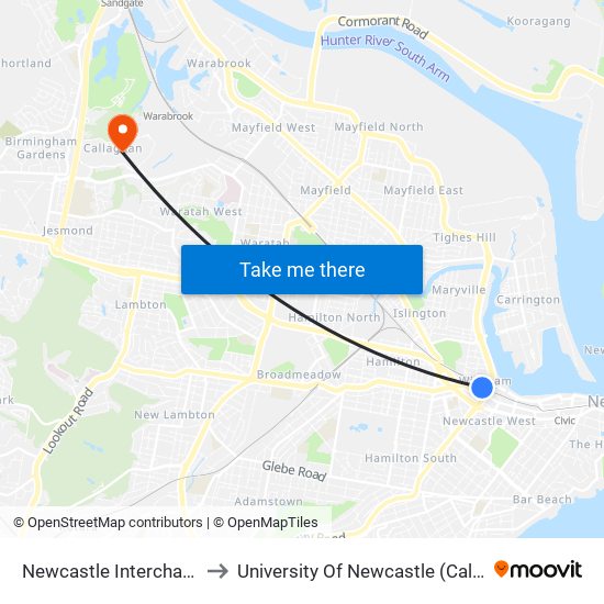 Newcastle Interchange, Stand A to University Of Newcastle (Callaghan Campus) map