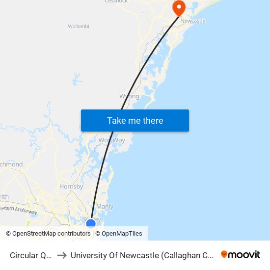 Circular Quay to University Of Newcastle (Callaghan Campus) map