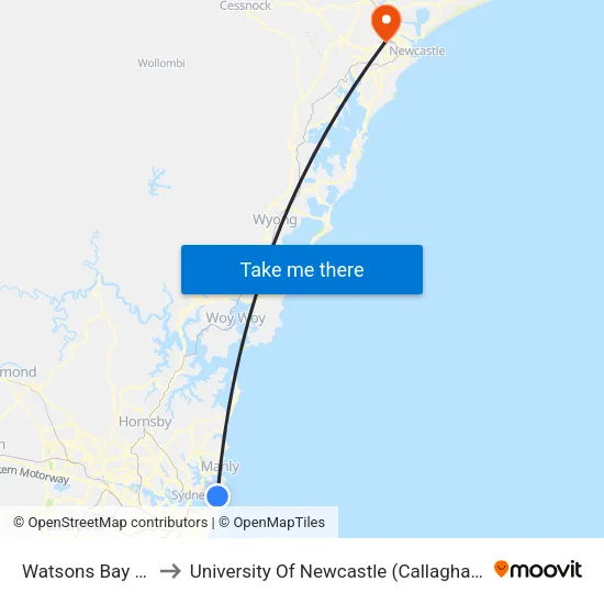 Watsons Bay Wharf to University Of Newcastle (Callaghan Campus) map