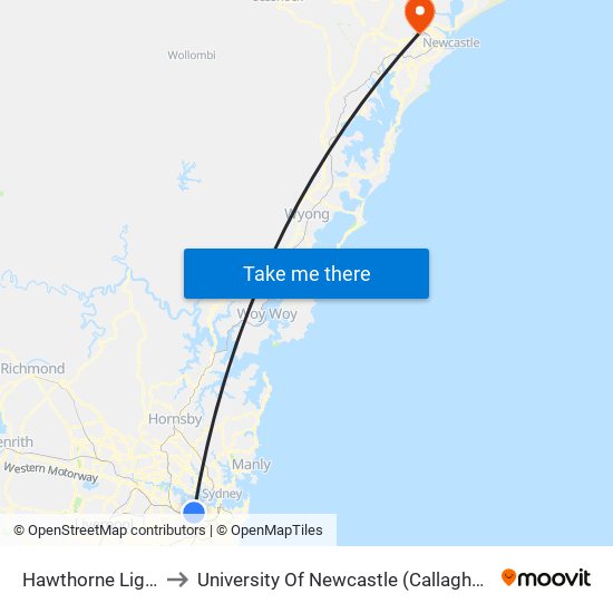 Hawthorne Light Rail to University Of Newcastle (Callaghan Campus) map