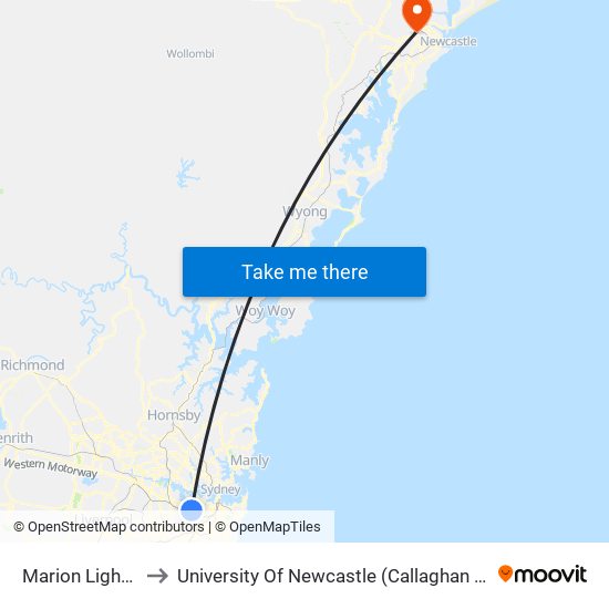 Marion Light Rail to University Of Newcastle (Callaghan Campus) map