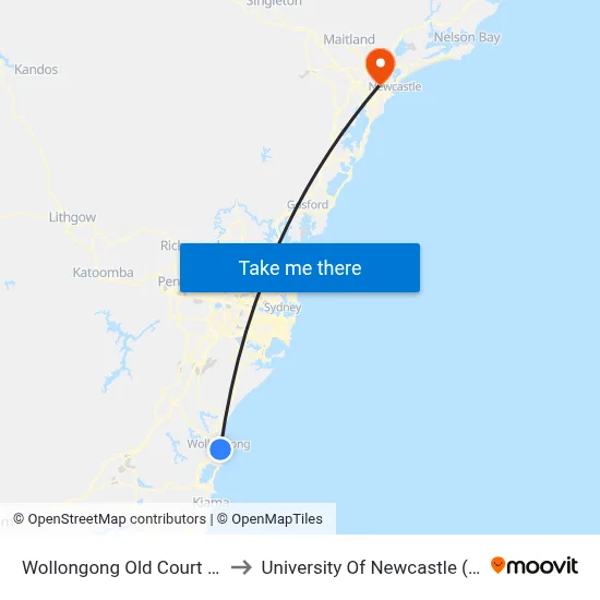 Wollongong Old Court House, Harbour St to University Of Newcastle (Callaghan Campus) map