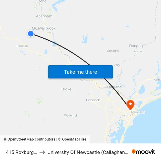 415 Roxburgh Rd to University Of Newcastle (Callaghan Campus) map
