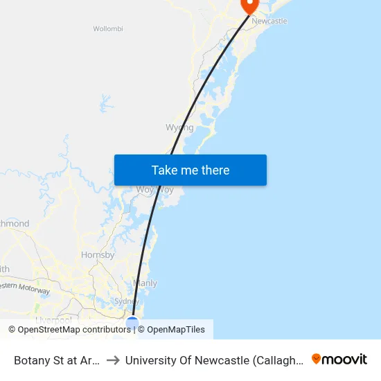 Botany St at Arthur St to University Of Newcastle (Callaghan Campus) map