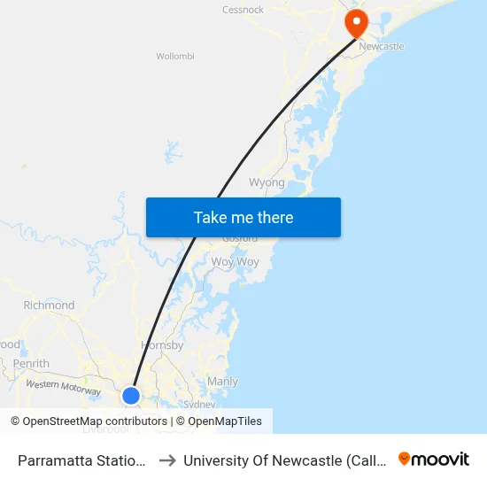 Parramatta Station, Stand A3 to University Of Newcastle (Callaghan Campus) map