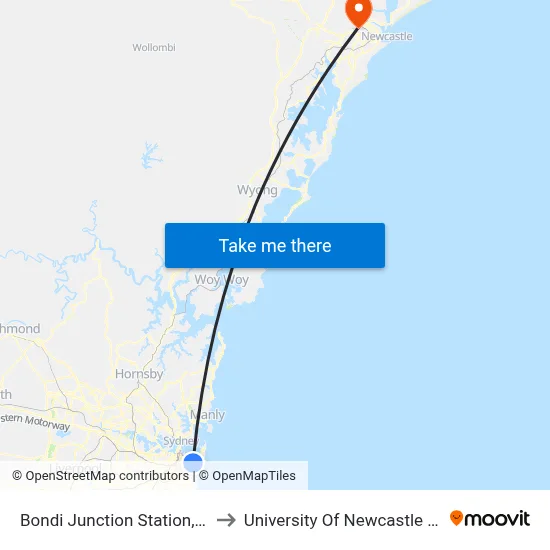 Bondi Junction Station, Grafton St, Stand R to University Of Newcastle (Callaghan Campus) map