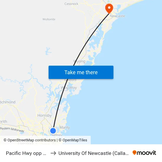 Pacific Hwy opp Palmer St to University Of Newcastle (Callaghan Campus) map