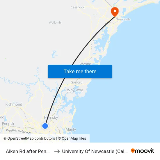 Aiken Rd after Pennant Hills Rd to University Of Newcastle (Callaghan Campus) map